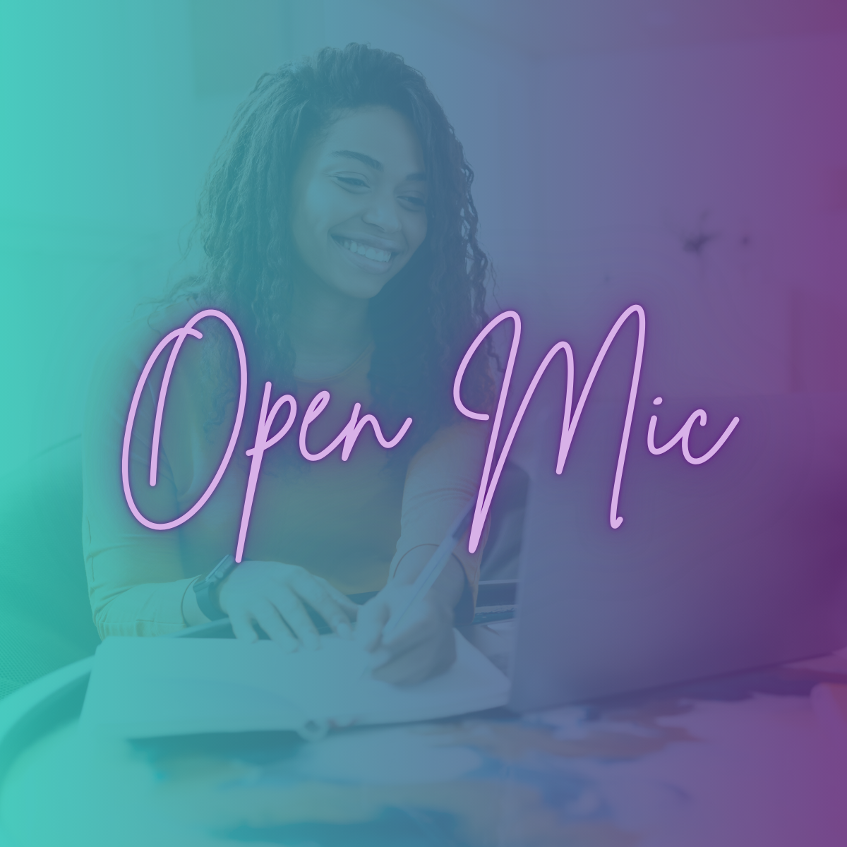 0126-Mentoring Open Mic Webpage-Logo (3) Woman taking notes and looking at a laptop, with Mentoring Open Mic logo overlayed on top.